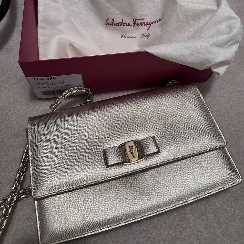 Authentic Salvatore Ferragamo Vera Bow long Shoulder Bag